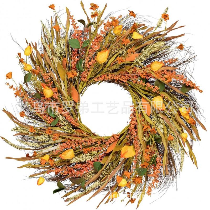Harvest Wreath With Pumpkins Berries Vine Circle Halloween Thanksgiving Door Decor