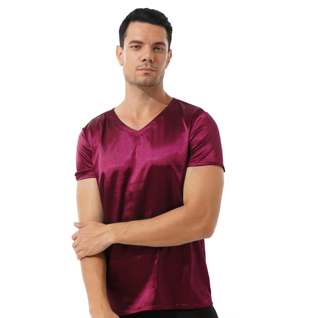 Herren V-Ausschnitt Satin Schlafshirt Lockere Passform Kurzarm Loungewear Weiche Bequeme Nachtwäsche Einfarbiges Pyjama-Oberteil