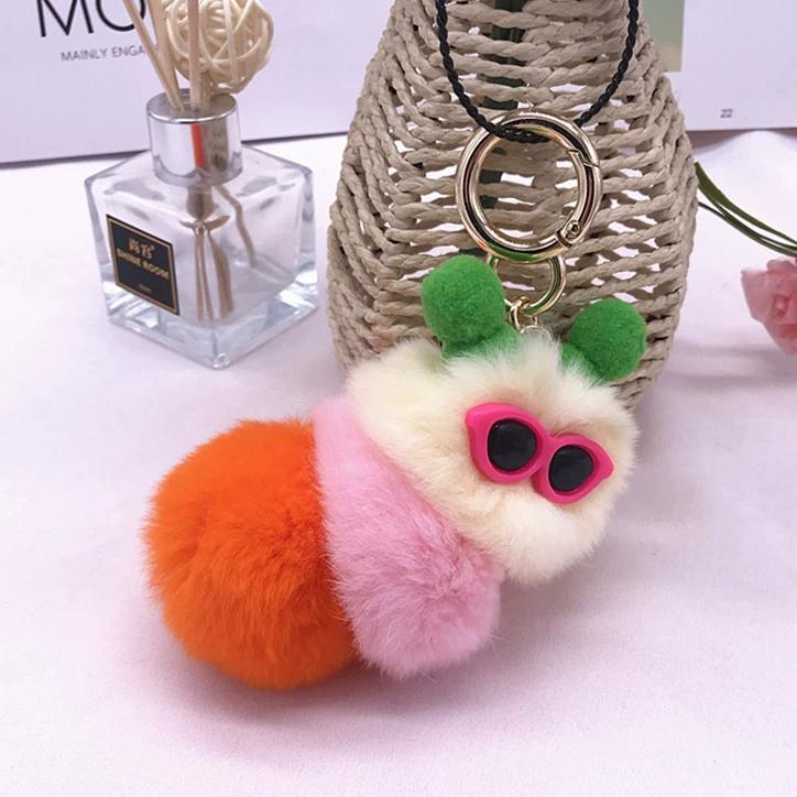 Rex Rabbit Colorful Caterpillar Plush Bag Pendant Keychain Creative Cute Female Mink Jewelry Gift