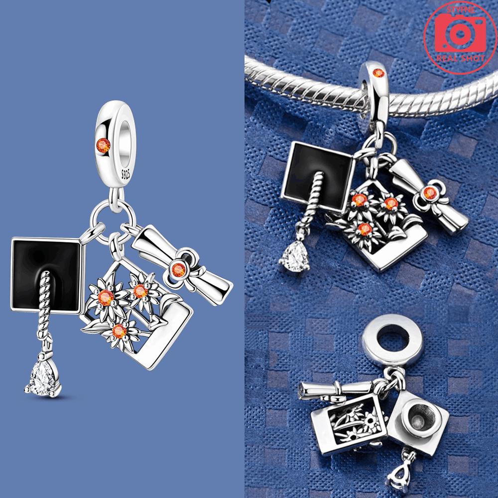 

Silver 925 Black Bachelor s Hat Golden Sunflower Three-in-One Pendant Charms Beads Fit Bracelet DIY Jewelry Gift For Women