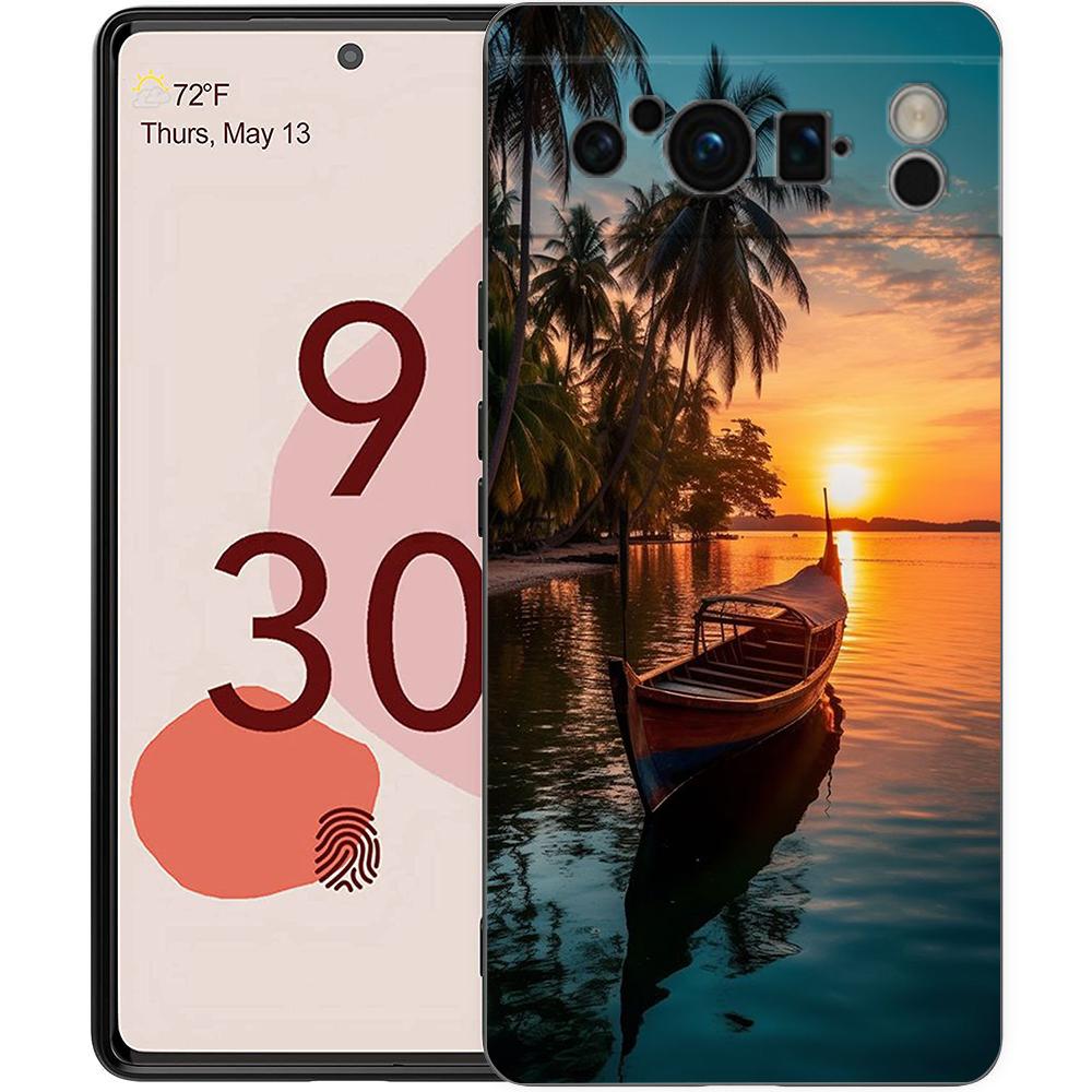 Summer Beach Scene At Sunset On Sea Palm Tree Phone Case For Google Pixel 9 8 7 6 Pro XL 8A 7A 6A TPU Shell Shockproof Cover