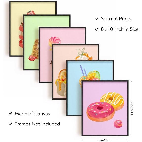 SUPERDANT Wall Art Set of 6 Unframed Canvas Prints, Dessert Poster, Ice Cream, Cake, Pink Modern Art, Girls Bedroom Decor, 20x25cm