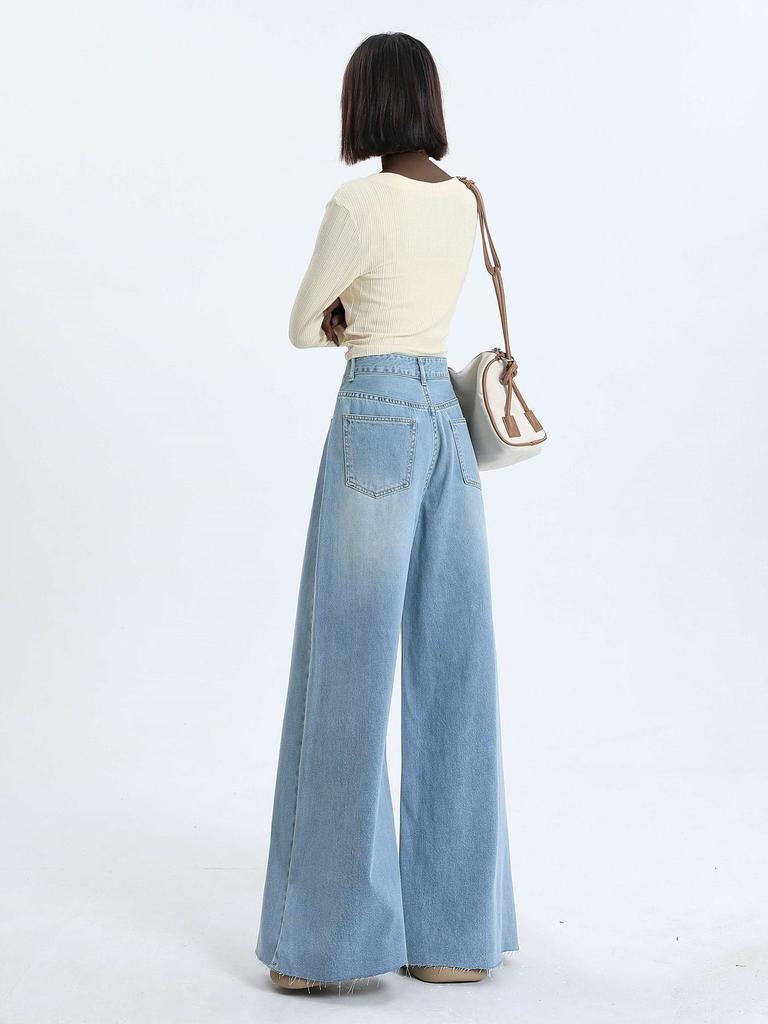 Puffanpop Women's High Waisted Jeans Retro Wash Wide Leg Denim Pants Loose Straight Casual Pants Raw Hem Boyfriend Jeans