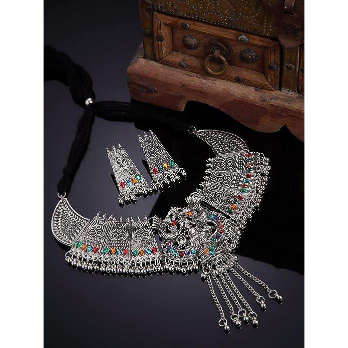 Shining Diva Fashion Latest Stylish Traditional Oxidised Silver Necklace Jewellery Set for Women