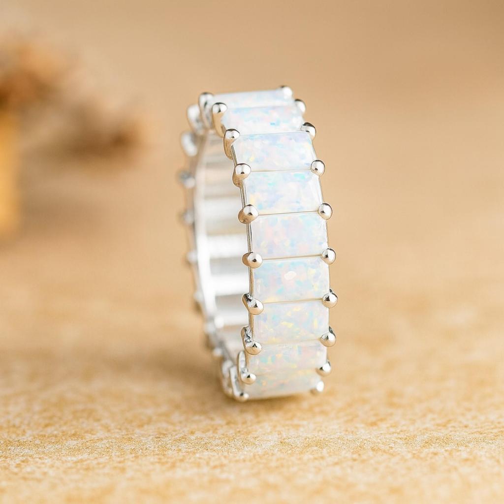 Baguette Opal Eternity Band Ring for Women – 925 Sterling Silver Stackable Wedding Anniversary Ring Jewelry Gift