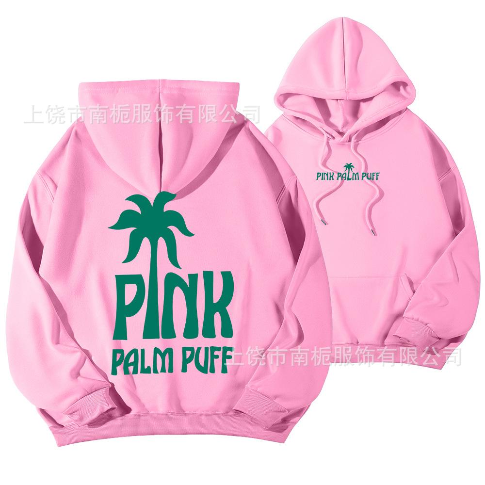 Women's Hooded Long Sleeve Drop Shoulder Pullover Sweatshirt Palm Tree "PINK PALM PUFF" Back Letter Print Casual Hoodie