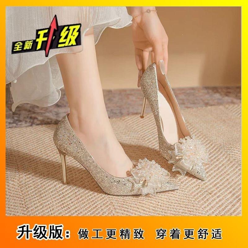 Crystal bow high heels women's stunning sequined stiletto wedding dress main bride shoes banquet bridesmaid shoes