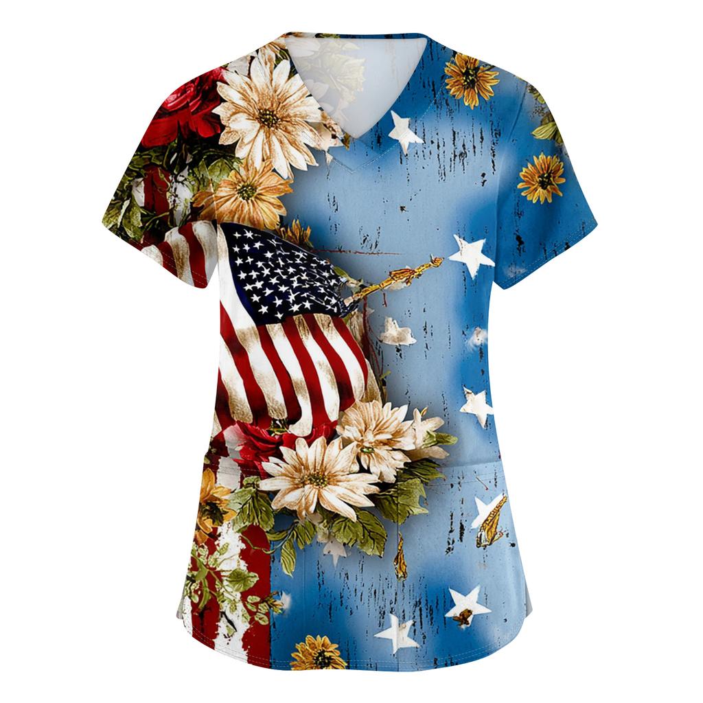 Damen Kurzarm Unabhängigkeitstag Aufdruck V-Ausschnitt Tasche Arbeitskleidung Oberteil