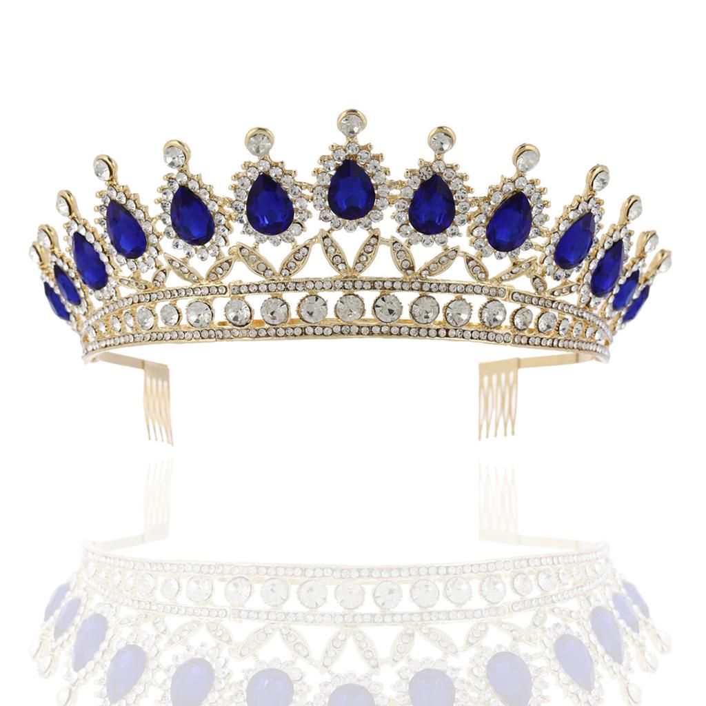 Blue Rhinestone Crown Large Crown with Comb Bridal Tiara Crown