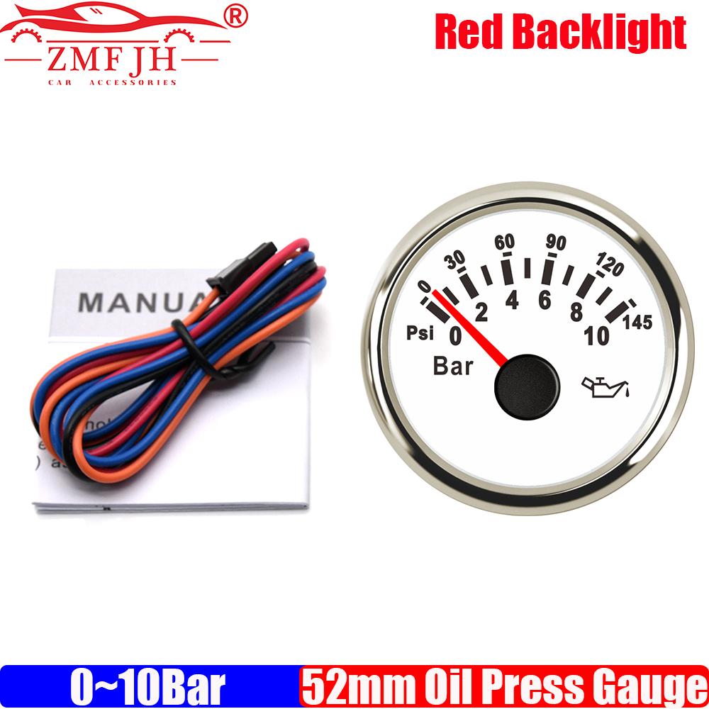ZMFJH Pointer 2"52MM Oil Pressure Gauge with Red Backlight 0~5Bar,0~10Bar,0-75PSI,0-145PSI Oil Press Meter for Car Boat Yacht
