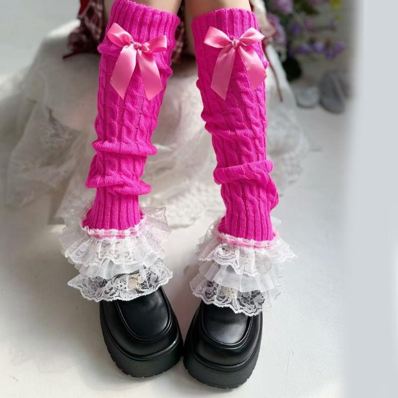 Cable Knit Leg Warmers Boot Cuffs with Bowknot Decorated Sweet Tiered Ruffled Lace Trim Leg Covers Calf Socks for Women