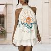 Women Plus Size Halter Backless Fake Two Piece Dress Sun Wave Heartbeat Element Print Mini Dress