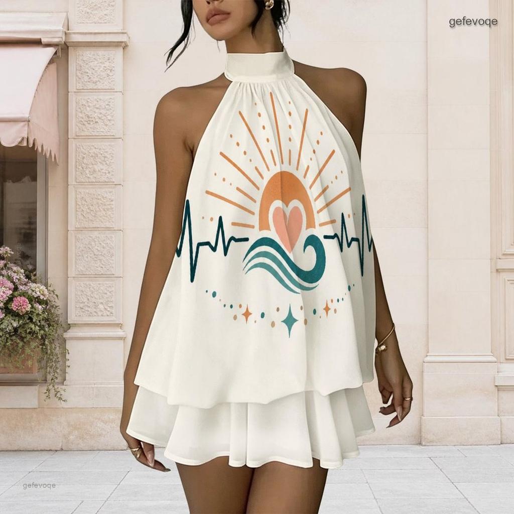 Women Plus Size Halter Backless Fake Two Piece Dress Sun Wave Heartbeat Element Print Mini Dress