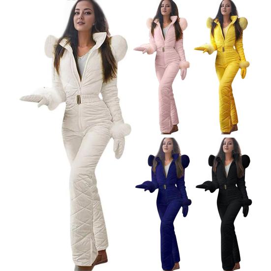 Salopetă de iarnă pentru femei cu mănuși, talie elastică, călduroasă, căptușită, costum de zăpadă cu glugă, închidere cu fermoar, rezistent la vânt, ținută de schi pentru exterior, impermeabilă, sporturi de zăpadă