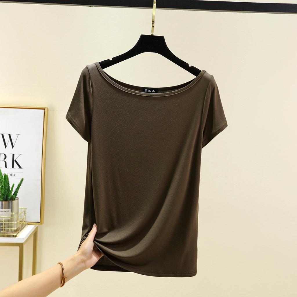 Dámské modální tričko s krátkým rukávem a odhalenými zády, lodičkovým výstřihem a odhalenými rameny, jednobarevné, volná základní vrstva, top pro větší velikosti, jednoduchá trička