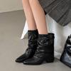 Krazing Pot Cow Skin Winter Square Toe Size 42 Square Heels Metal Buckle Women Zipper Chelsea Boots Women Pleated Decoration Ankle Boots
