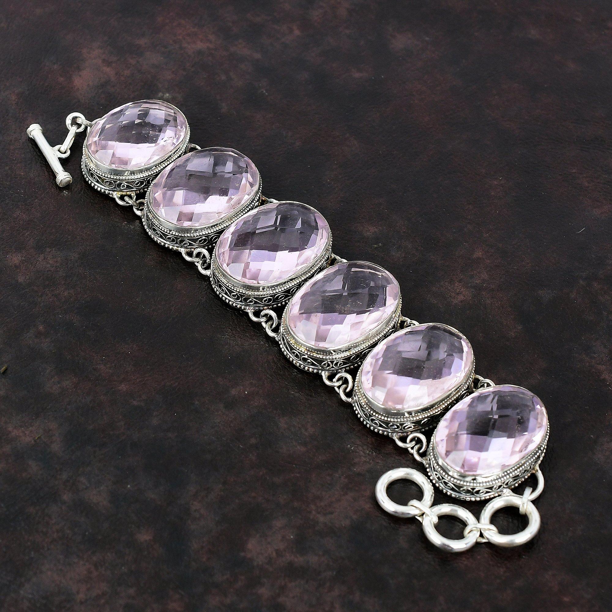 

Браслет из ограненного розового кунцита из стерлингового серебра 925 пробы, ювелирные изделия ручной работы, регулируемый браслет-цепочка, винтажный браслет, подарок для него Adjustable