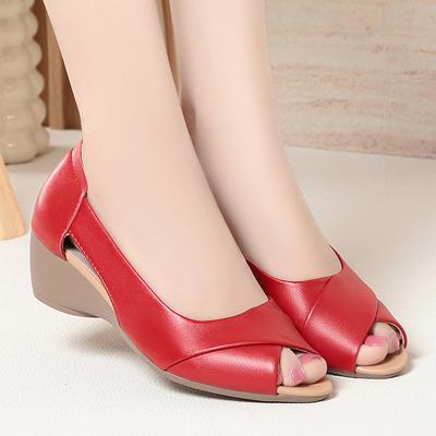 4cm Top Quality Open Head Comfortable Genuine Leather Sandals Summer Shoes 2025 Trend Med Heels Wedges Sandals for Office Mom