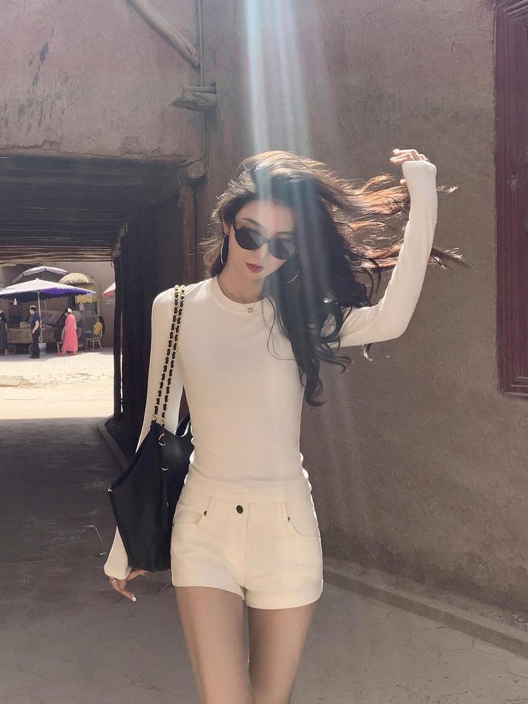 Raspberry Pink One-Shoulder Round Neck Long Sleeve Women's Slimming Top