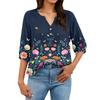 Women Floral Print Henley Button Neck Shirt Three Quarter Sleeve Cotton Linen Blouse Casual Loose Fit Top
