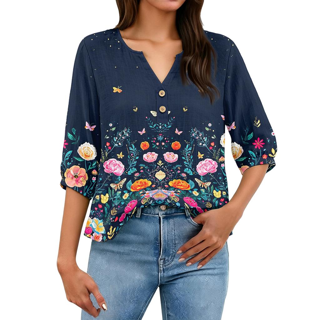 Women Floral Print Henley Button Neck Shirt Three Quarter Sleeve Cotton Linen Blouse Casual Loose Fit Top