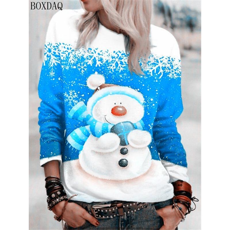 

Женские футболки с рисунком рождественского снеговика, длинные рукава, 3D-принт, мультяшные уличные женские милые футболки, повседневные топы в рождественском стиле 3XL