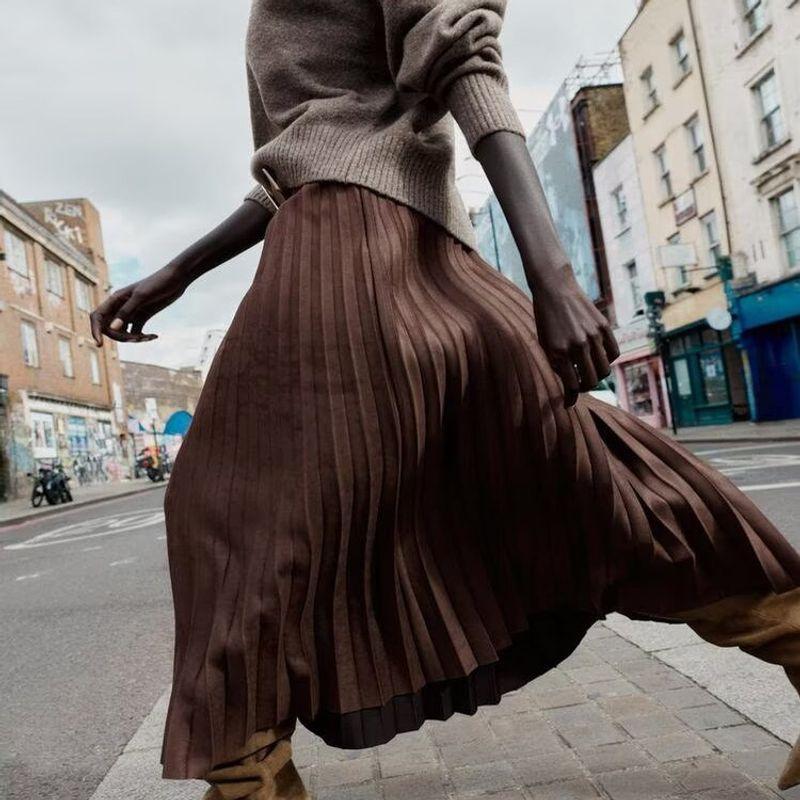 Za Autumn New Women's Clothing Zr European and American Style Fashion Belted Suede Pleated Midi Skirt 3046266