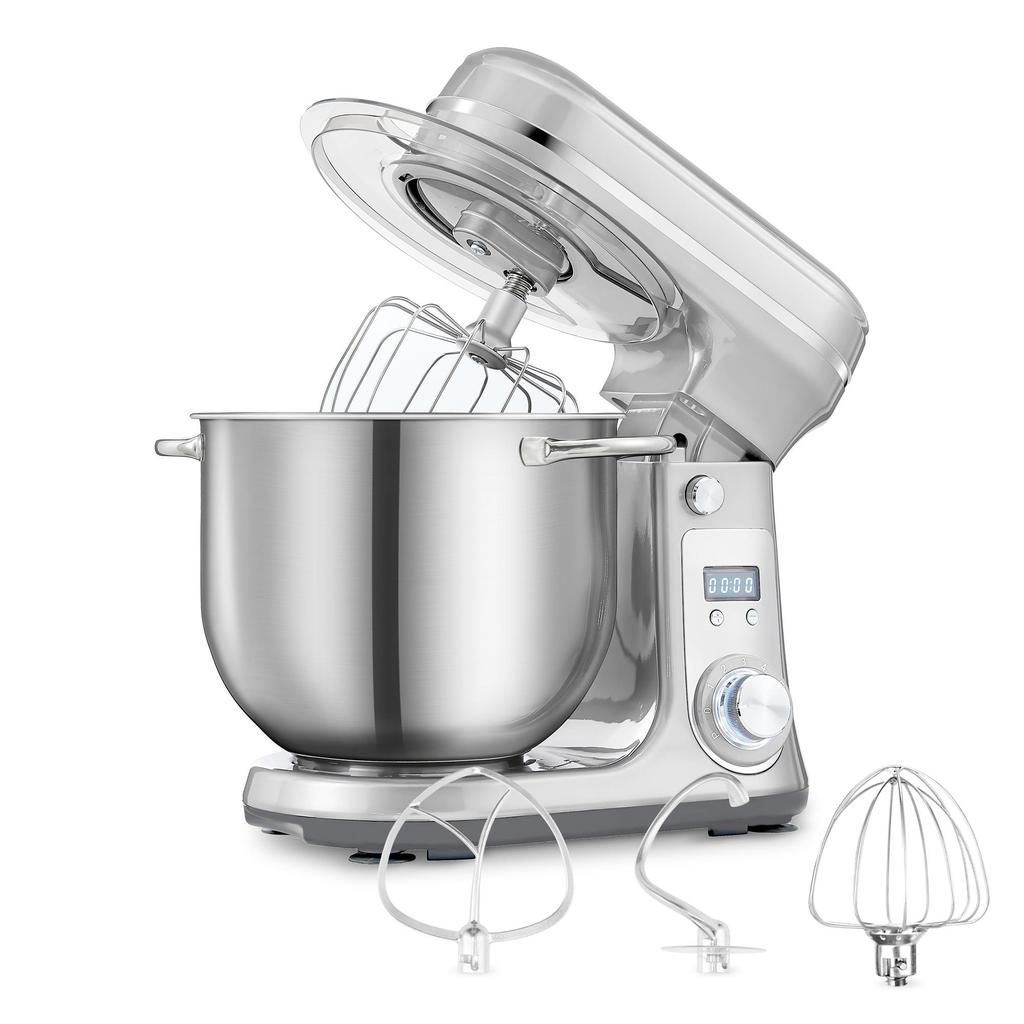 Biolomix Stand Mixer, 1200W DC Quiet Motor 6L Stainless Steel Bowl, 6+Pulse Speeds Electric Kitchen Mixer with LCD Timer, Dough Hook, Beater, Whisk