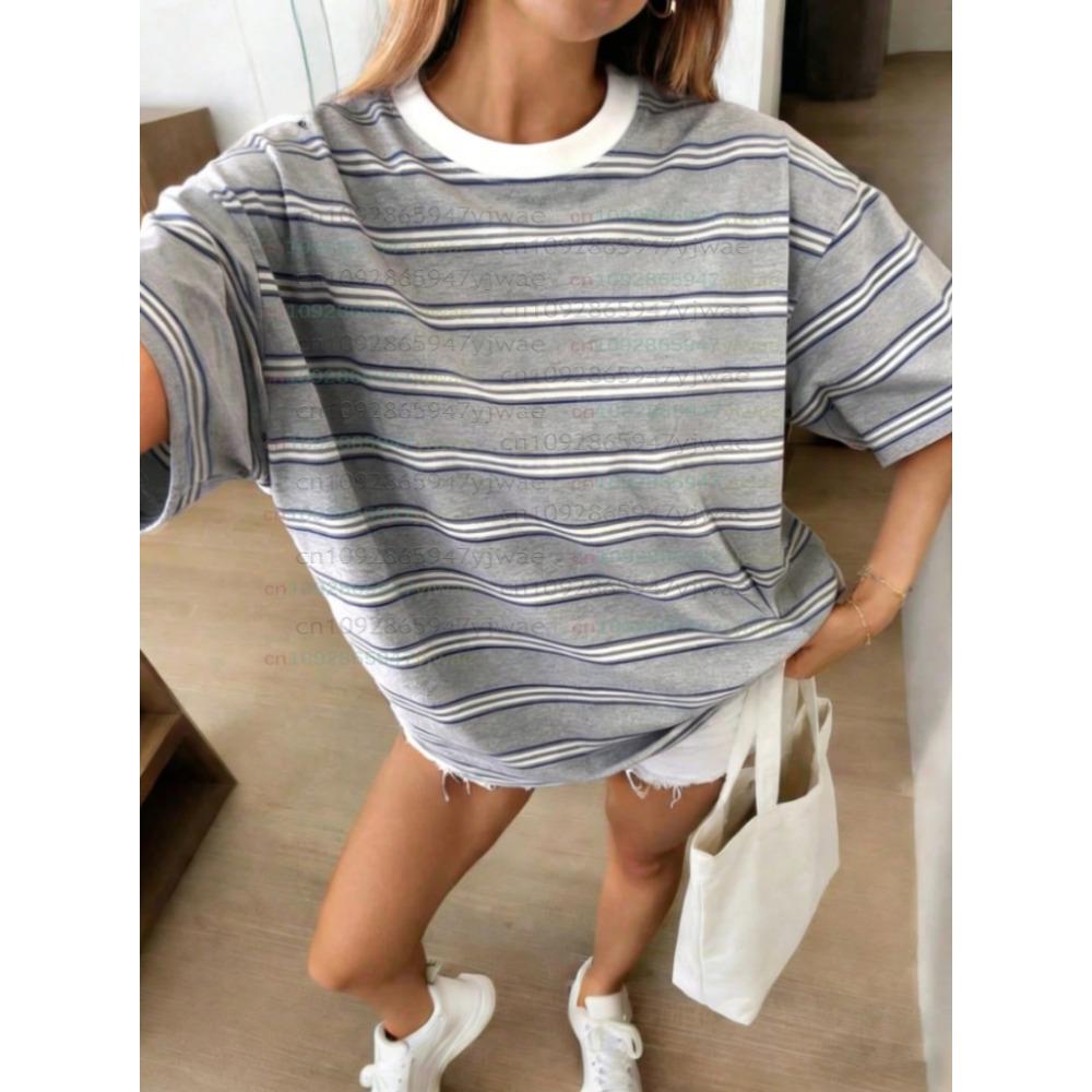 2026 Womens Men Plus Size Short Sleeve Stripe Print T-Shirt Girl Round Neck Tee Outdoor Sports Plus-size Women's Clothing