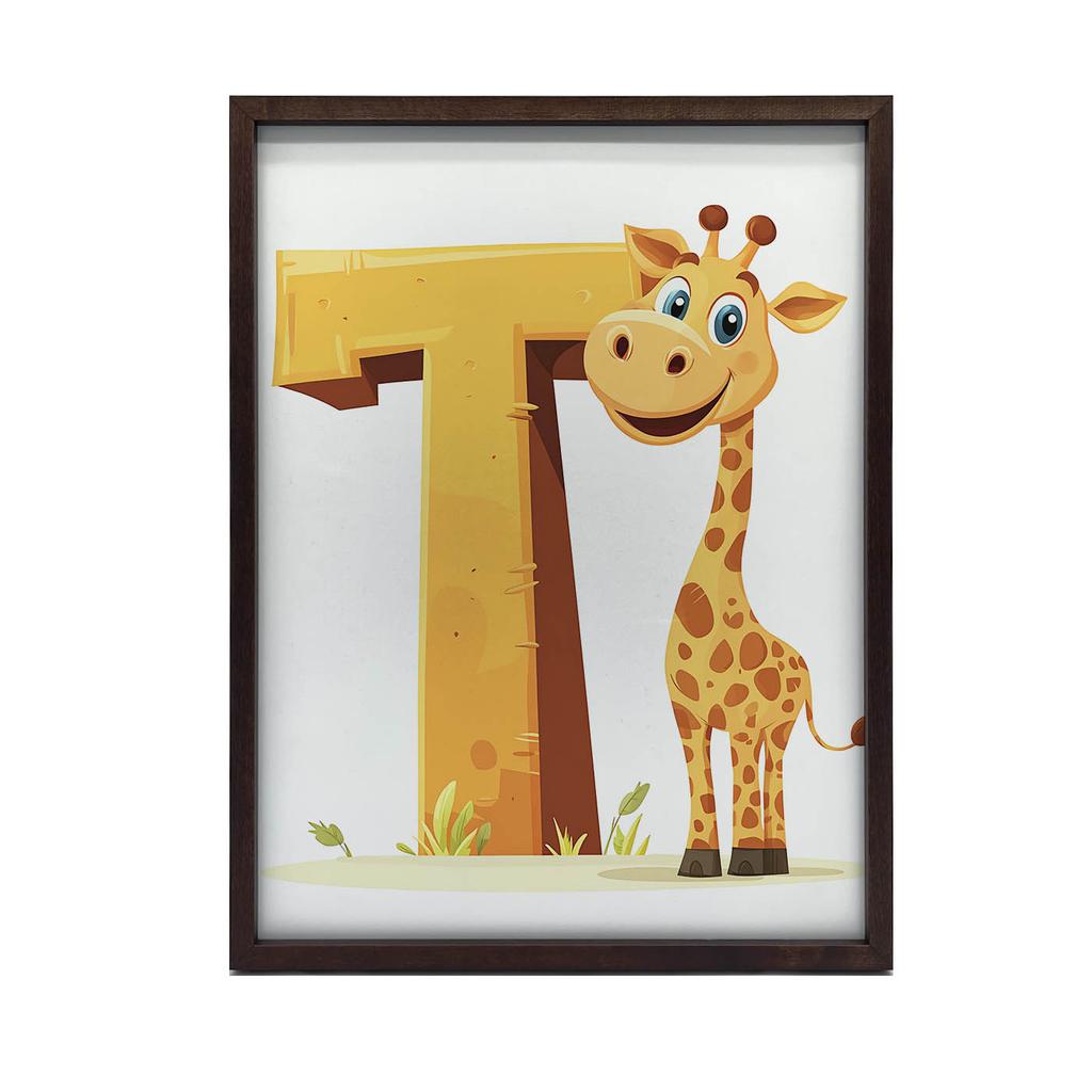 Poster Lächelnde Giraffe mit dem Buchstaben T Poster Lächelnde Giraffe mit dem Buchstaben T, 30X40 cm, Holzrahmen Dunkelbraun, Mattpapier 230 g/m²