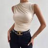 Women's Spring Summer New, Fashionable Versatile Solid Color Pleated Sleeveless Pullover Semi-turtleneck Shirt