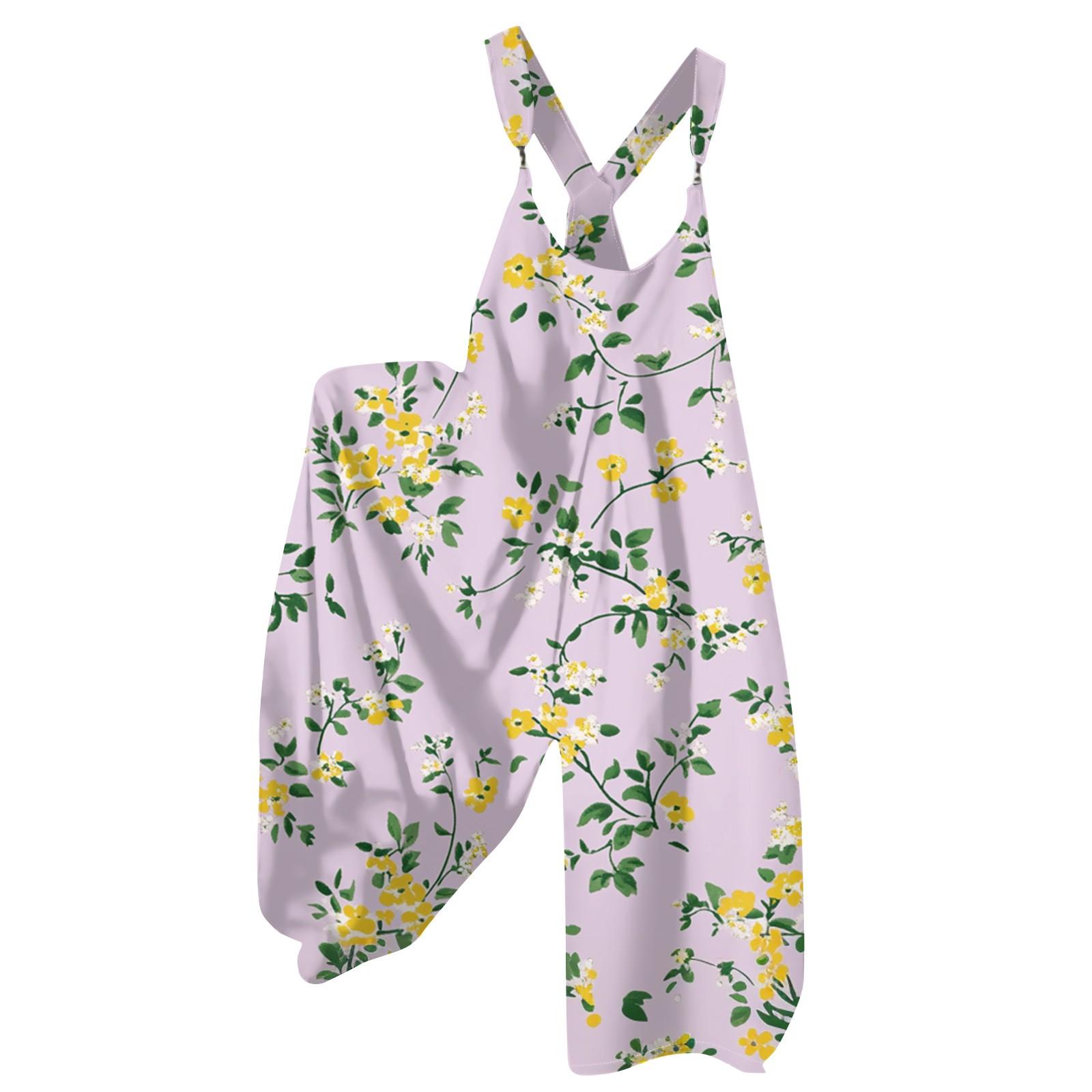 Women Summer Floral Print Vintage Jumpsuit Sleeveless Loose Fit Overalls Non Adjustable Straps Casual Romper XL