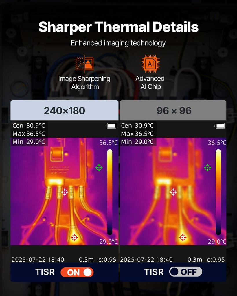 Thermal Camera, TISR Super Resolution 240x180, Thermal Imaging Camera with 2MP Visual Camera, 96x96 IR Resolution, 25HZ Refresh Rate, -4°F To 1022°F,