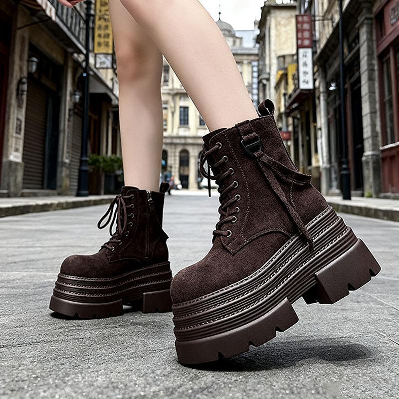 British style small thick heel lace-up Martin boots women's 2025 autumn new round head women's boots retro medium tube short boots