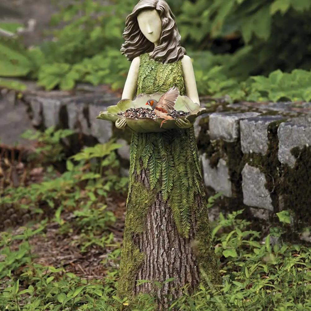 Fairy Garden Statue with Bird Feeder Lawn Resin Ornaments Garden Art Sculptures for Outdoor