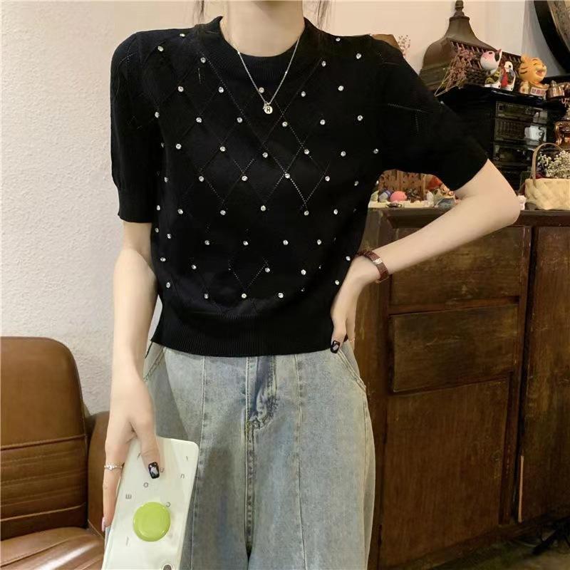 Women Diamond Grid Rhinestone Knit T-shirt Crew Neck Short Sleeve Fitted Casual Sweater