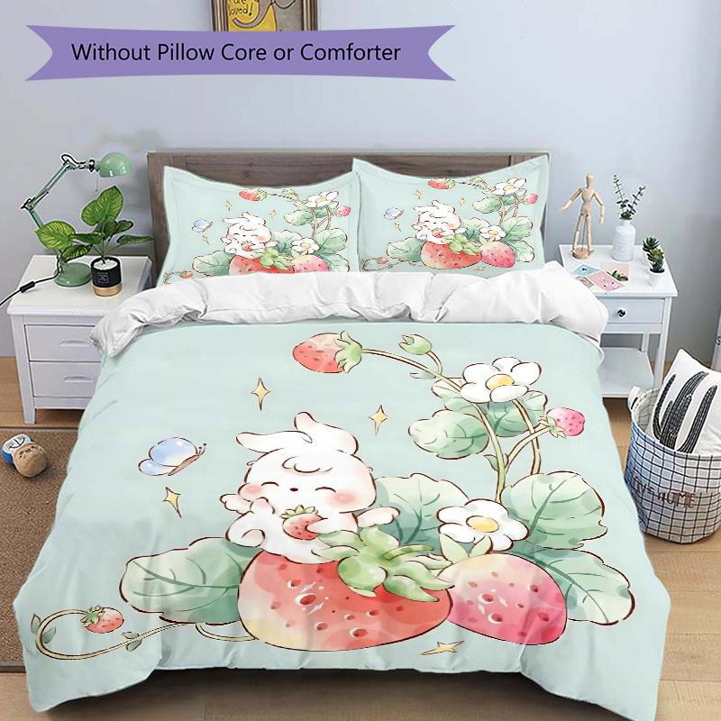 

3pcs Strawberry Rabbit Bedding Set - 1 Soft Quilt Cover + 2 Pillowcases, Machine Washable - Suitable for All Seasons, Perfect Gift for Famil 135cm*200cm