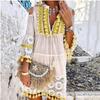 Vestido Mini Boho de Encaje con Escote en V y Borlas de Manga Tres Cuartos para Mujer