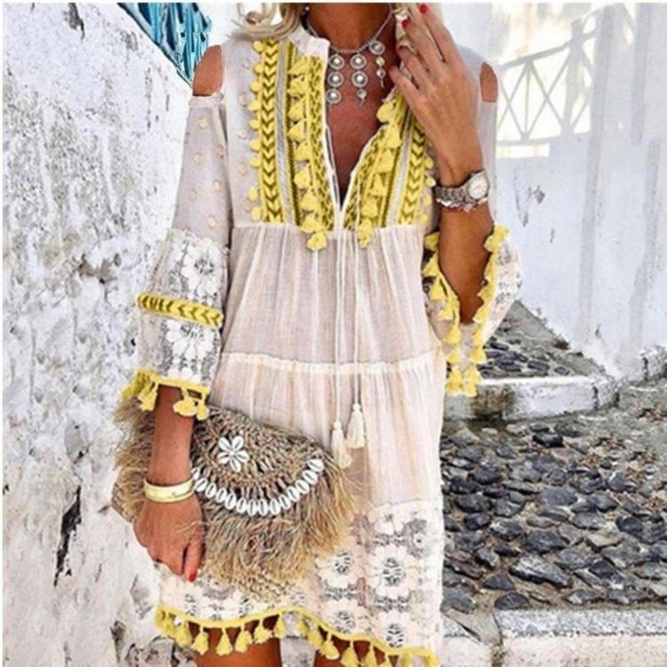 Vestido Mini Boho de Encaje con Escote en V y Borlas de Manga Tres Cuartos para Mujer