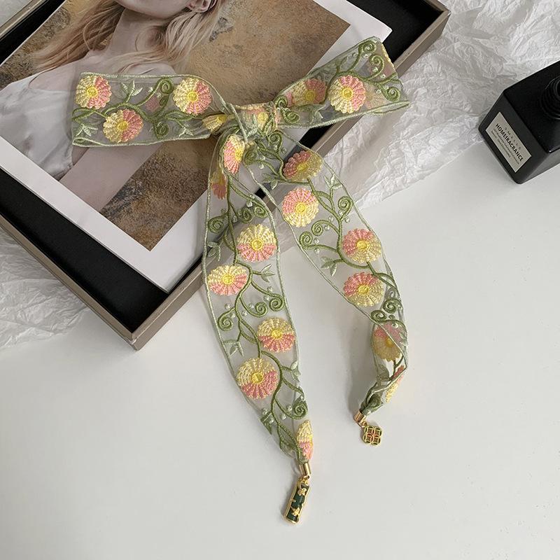 Embroidered Lace Silk Scarf Premium Pendant Small Scarf Tie Bag Ribbon Rose Lace Mesh Headscarf Headband Hair Accessories