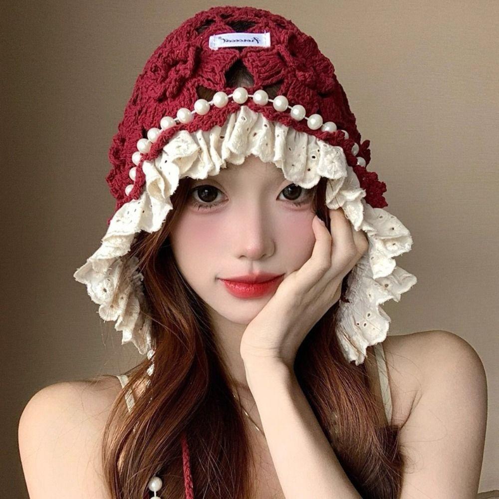 Pearl Tassels Crochet Flower Knitted Hat Bohemian Style Weave Cap Cute Lace Beanies  Outdoor