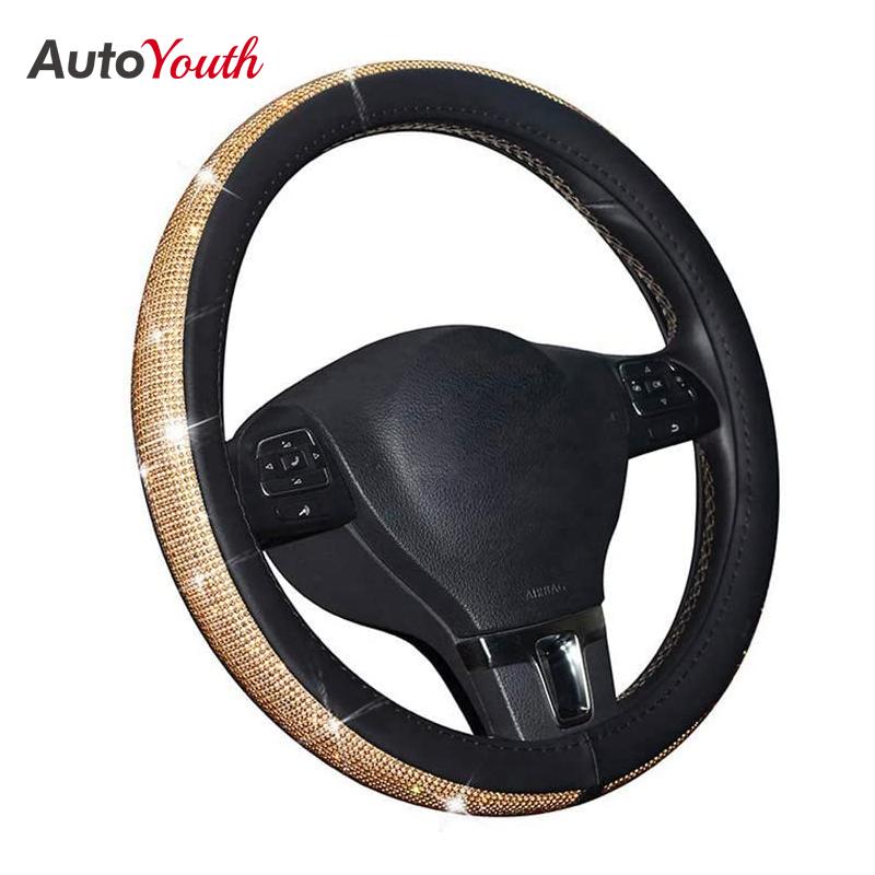 

AUTOYOUTH Bling Steering Wheel Cover for Women PU Leather with Crystal Rhinestones Universal for 37 to 38 CM Car