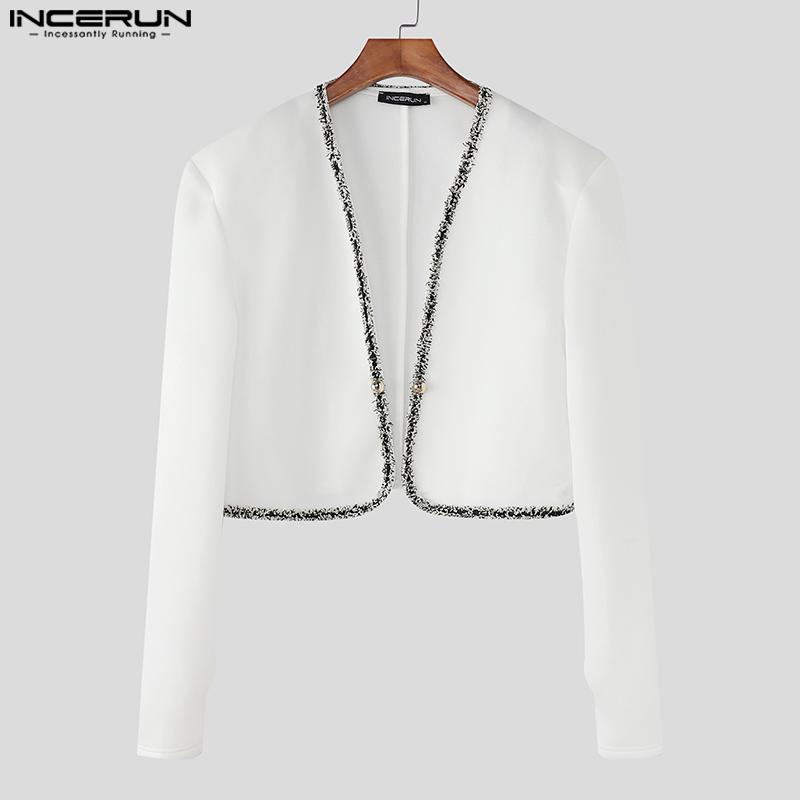 INCERUN Men Long Sleeve Open Front Stitching Short Crop Tops Shirts