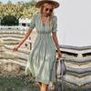 Dámské pruhované ležérní krátké rukávy střapec Středně dlouhé letní šaty s knoflíkem do V pro ženy