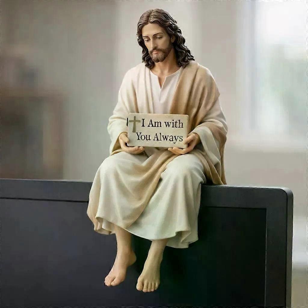 Figurina Compagna da Scrivania in Resina di Gesù, Statua Fatta a Mano di Gesù Cristo con Design Seduto, Statua di Gesù con Segno 'Io Sono Sempre con Voi' Decorazione, Statuetta Religiosa Serena