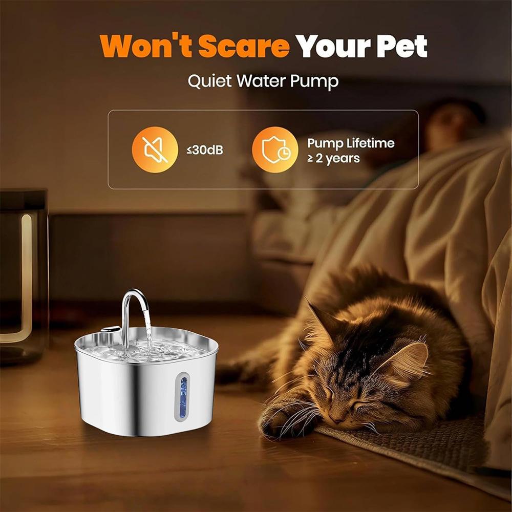 2.2L Stainless Steel Cat Water Fountain with Filtered Mini Bowl
