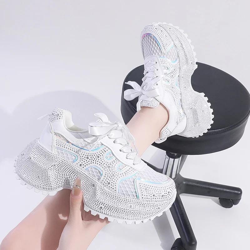 Fashion 7cm Summer Luxury Designer Women Daddy Rhinestone Sneakers Thick Bottoms Mesh Pink Sweet Ladies Tenis Platform Shoes Spring