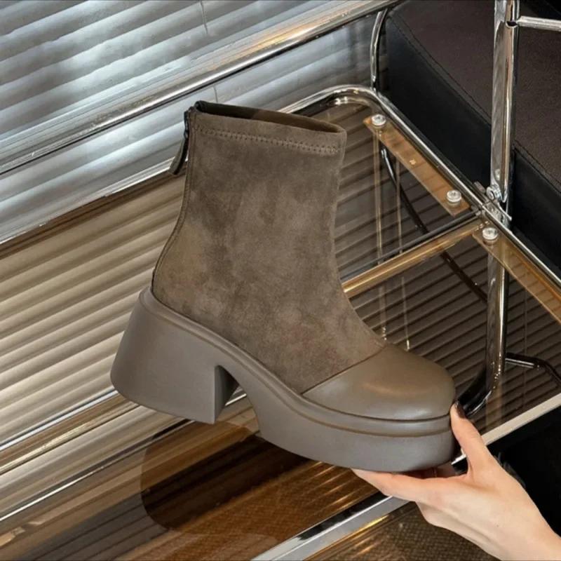 

Модные женские ботильоны на щиколотке с флисовой подкладкой, универсальные ботильоны на высоком каблуке, ботинки на толстой подошве, эластичные ботинки для похудения, новинка осени 2025 35 хаки