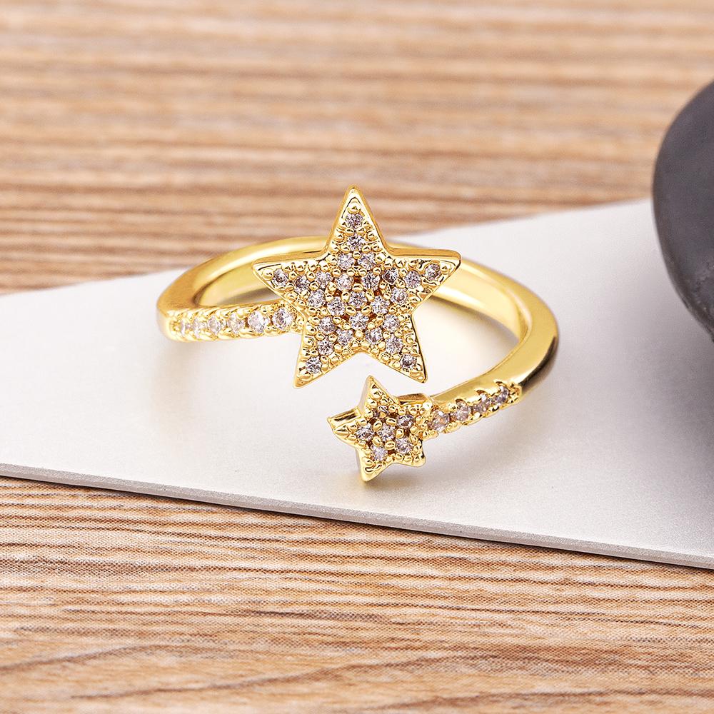 Nidin New Hip Hop Rock Five Star Rings Men Women Luxury Gold Color Rhinestones Zircon Pentagram Adjustable Wedding Party Gift