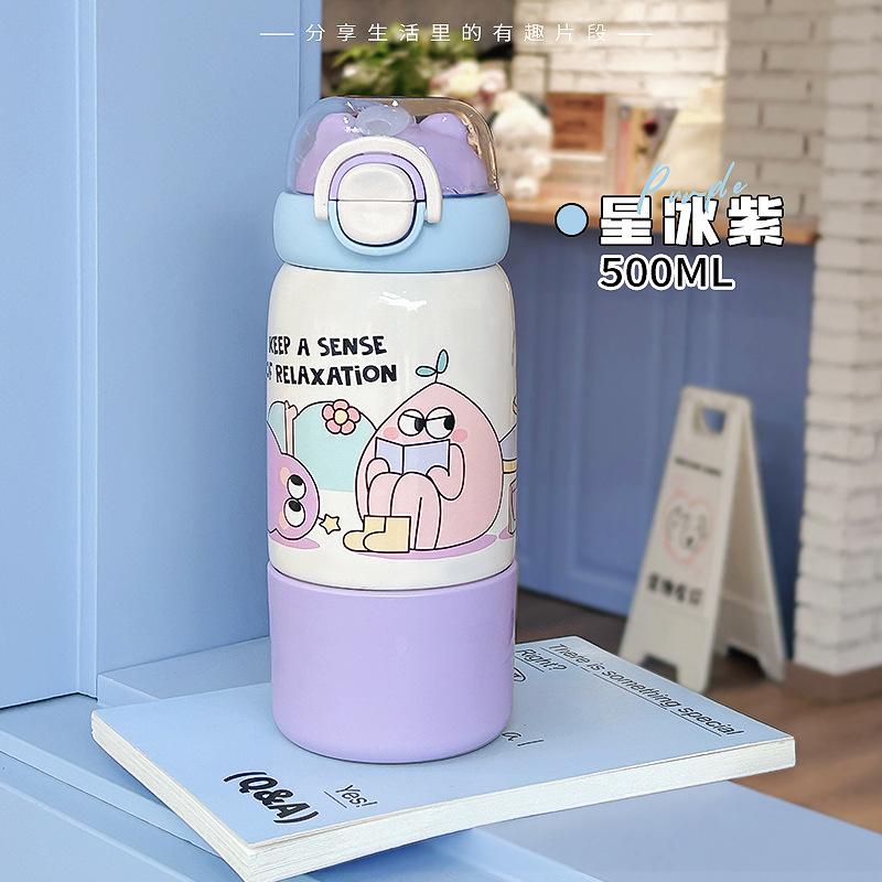 500ml Cute Cartoon Kids Insulated Water Bottle with Straw, 304 Stainless Steel Thermos for School Travel